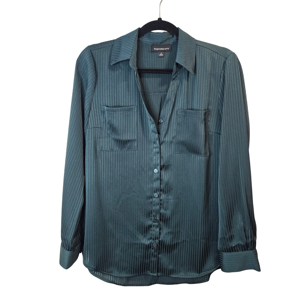 Fortune + Ivy Button Down Blouse Womens Medium Green Satin Shadow Stripe Pockets